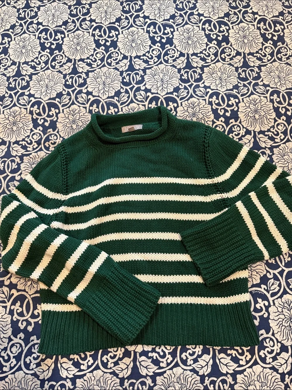 Jcrew cropped green and white striped roll neck sweater. - Picture 1 of 4
